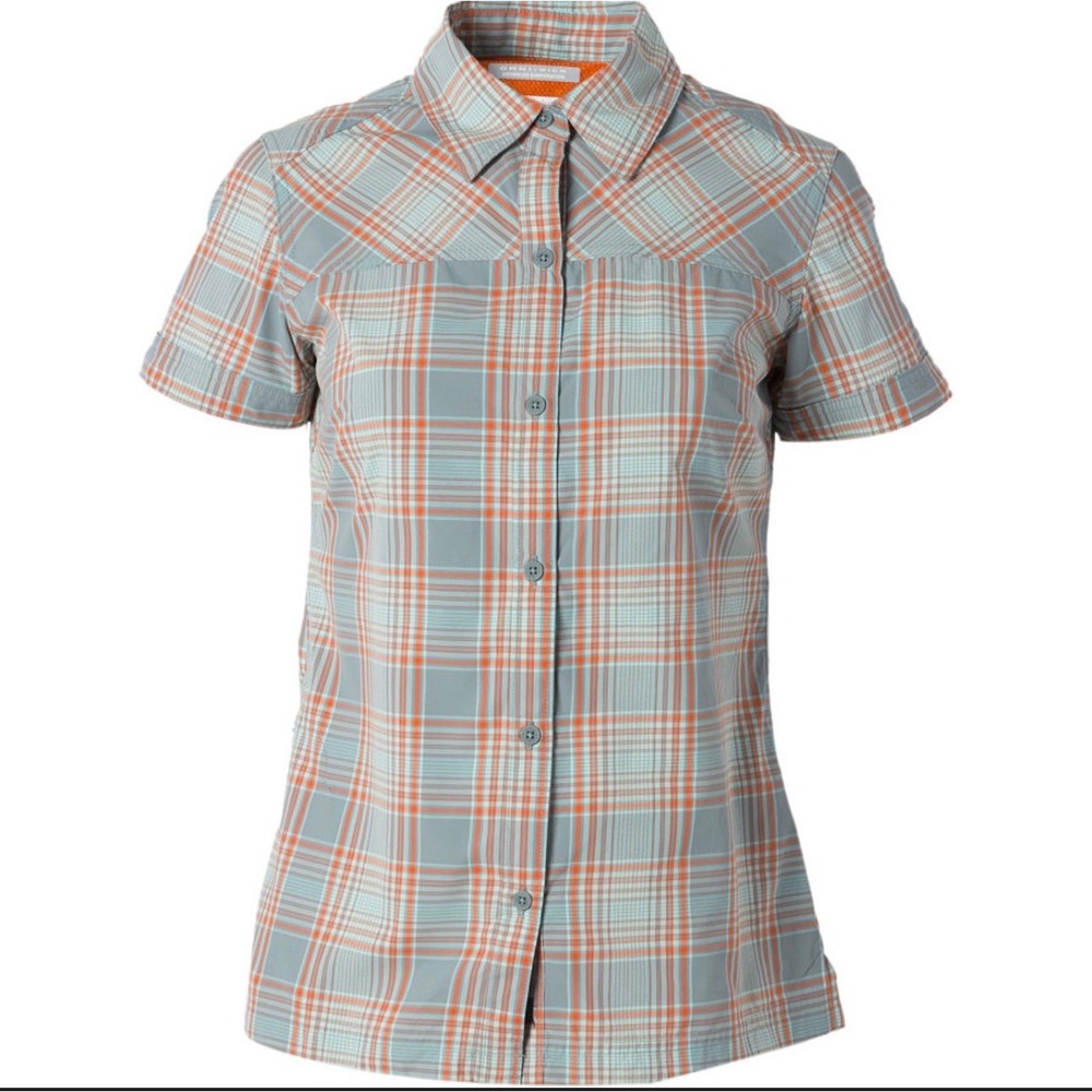 Columbia Womens Kick Fix Plaid‎ Shirt Short Sleeve Omni-Wick Grey Orange Small